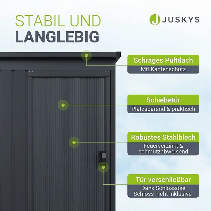Juskys Gerätehaus Gerätehaus - Außenbreite inkl. Dachüberstand: 164 cm, Außentiefe inkl. Dachüberstand: 88 cm, Metall, Dunkelgrau - Dunkelgrauer, feuerverzinkter Metall-Gartenschuppen mit Pultdach und verschiebbarer, abschließbarer Tür, betont stabil und langlebig.