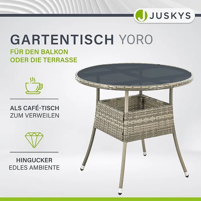 Juskys Gartentisch rund Yoro - Ø x H: 80 x 73 cm, Polyrattan, Grau - Grauer Rattan-Gartentisch "Yoro" mit Glasplatte und Ablagefach, perfekt für Balkon oder Terrasse.