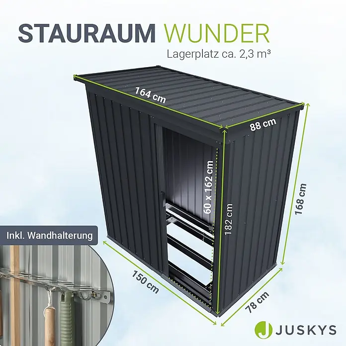 Juskys Gerätehaus Gerätehaus - Außenbreite inkl. Dachüberstand: 164 cm, Außentiefe inkl. Dachüberstand: 88 cm, Metall, Dunkelgrau - Dunkelgraues Gerätehaus mit Maßen und Wandhalterung. Stauraum ca. 2,3 m³.