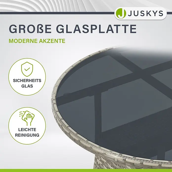 Juskys Gartentisch rund Yoro - Ø x H: 80 x 73 cm, Polyrattan, Grau - Runder Tisch mit dunkler Glasplatte und hellem Geflechtunterbau.