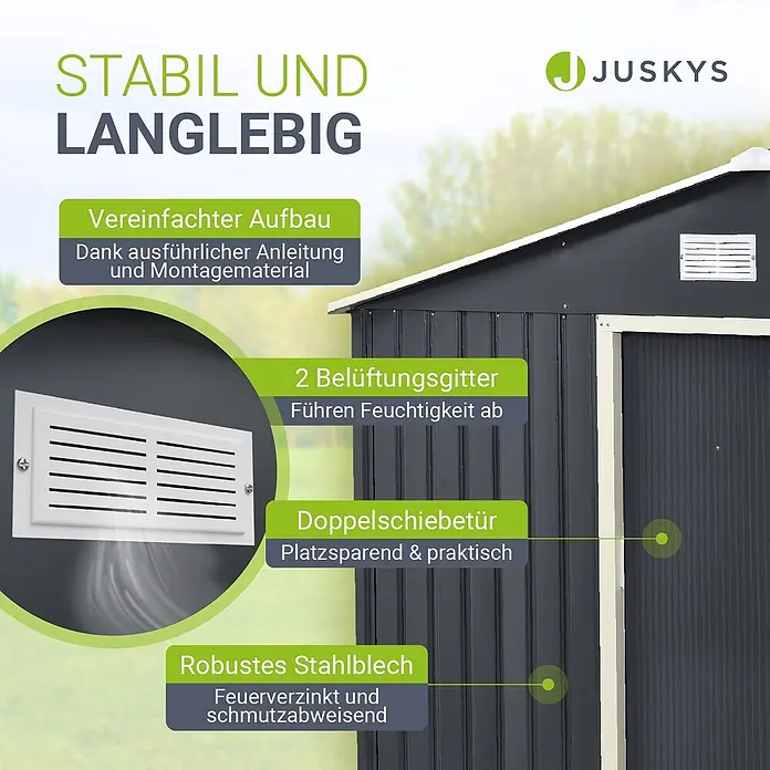 Juskys Gerätehaus Gerätehaus - Metall, Anthrazit - Dunkelgraues Metall-Gartenhaus mit weißen Lüftungsgittern und Schiebetür. Aus robustem, feuerverzinktem Stahlblech für Stabilität und Langlebigkeit.