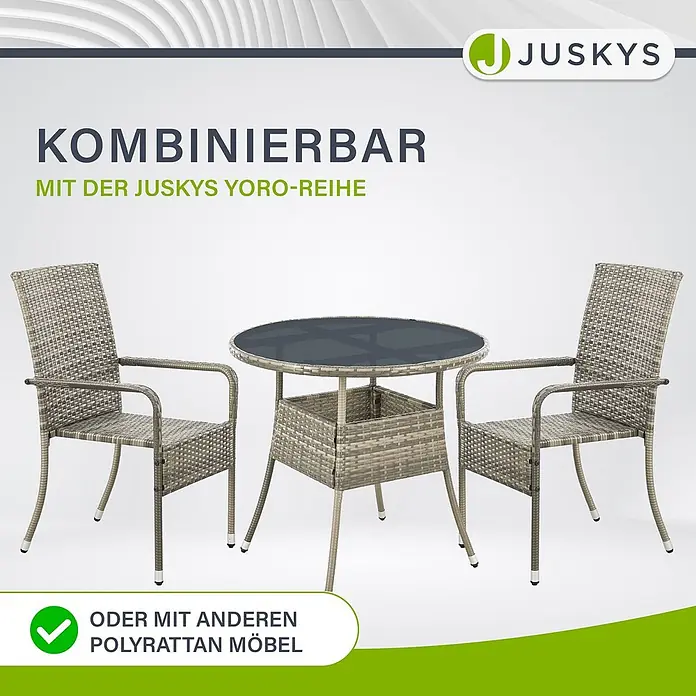 Juskys Gartentisch rund Yoro - Ø x H: 80 x 73 cm, Polyrattan, Grau - Garten-Bistro-Set aus Polyrattan mit zwei hellgrauen Stühlen und einem runden Tisch.