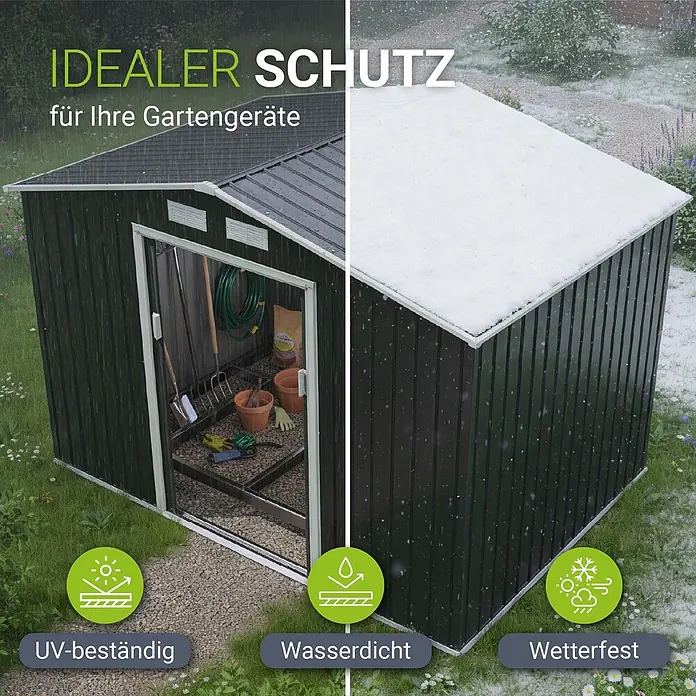 Juskys Gerätehaus Gerätehaus - Metall, Anthrazit - Dunkelgrüner Metall-Gartenschuppen, UV-beständig, wasserdicht und wetterfest für Gartengeräte, gezeigt bei Regen und Schnee.