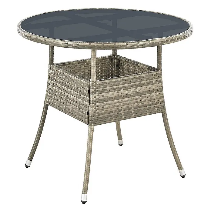 Juskys Gartentisch rund Yoro - Ø x H: 80 x 73 cm, Polyrattan, Grau - Runder Gartentisch mit grauer Glasplatte, hellgrauem Rattan-Korpus und integriertem Ablagekorb. Metallbeine.