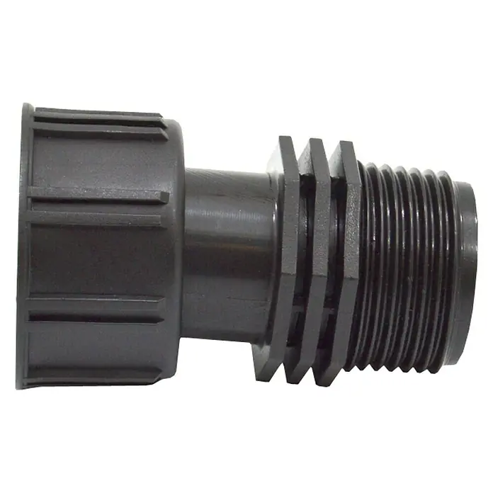Conector Electroválvula - 1″ - Primer plano de un accesorio de tubería de PVC negro con un extremo roscado y un extremo acanalado. Ideal para instalaciones de fontanería y tomas de agua.