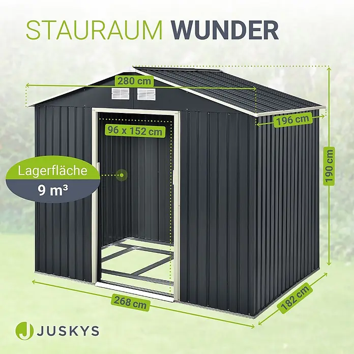 Juskys Gerätehaus Gerätehaus - Metall, Anthrazit - Anthrazitfarbenes Metallgerätehaus mit weißem Rahmen, das Maße und 9 m³ Stauraum hervorhebt.