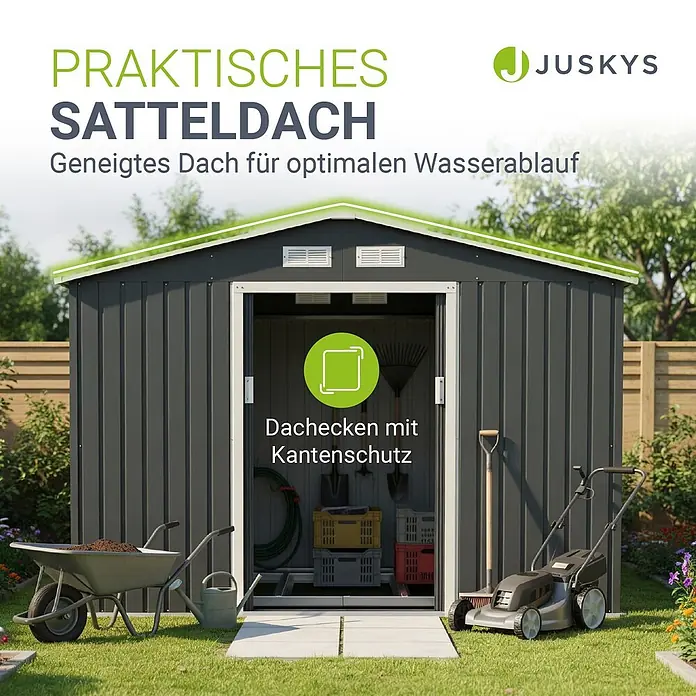 Juskys Gerätehaus Gerätehaus - Metall, Anthrazit - Dunkelgraues Metall-Gartenhaus mit praktischem Satteldach für optimalen Wasserablauf, geöffnet mit Gartengeräten.