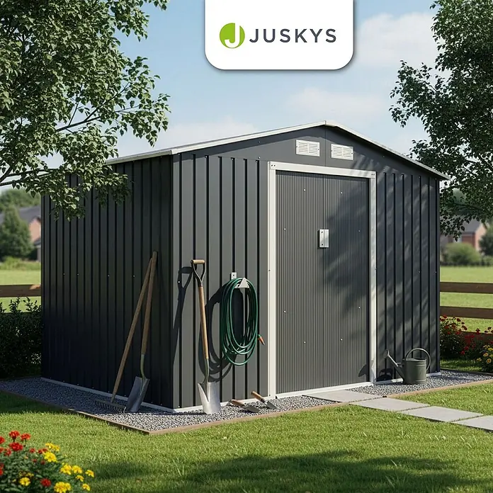 Juskys Gerätehaus Gerätehaus - Metall, Anthrazit - Dunkelgraues Metall-Gartenhaus mit Gartengeräten.