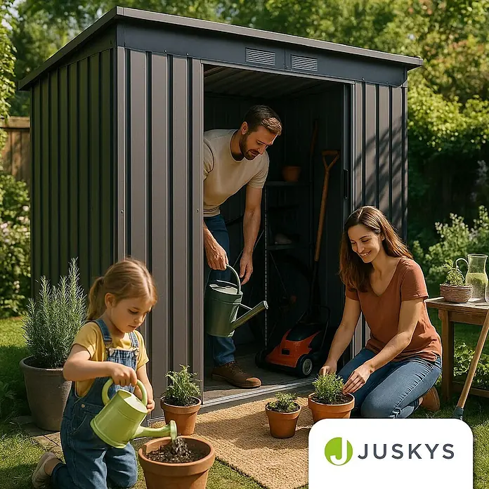 Juskys Gerätehaus Gerätehaus - Außenbreite inkl. Dachüberstand: 218 cm, Außentiefe inkl. Dachüberstand: 132 cm, Metall, Dunkelgrau - Dunkelgrauer Metall-Gartenschuppen, von Familie zur Aufbewahrung von Gartengeräten genutzt.