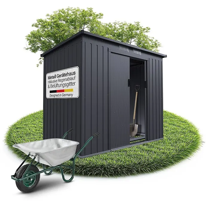Juskys Gerätehaus Gerätehaus - Außenbreite inkl. Dachüberstand: 218 cm, Außentiefe inkl. Dachüberstand: 132 cm, Metall, Dunkelgrau - Dunkelgraues Metall-Gartenhaus mit Schiebetür, Schaufel innen und grüner Schubkarre. Label "Designed in Germany".