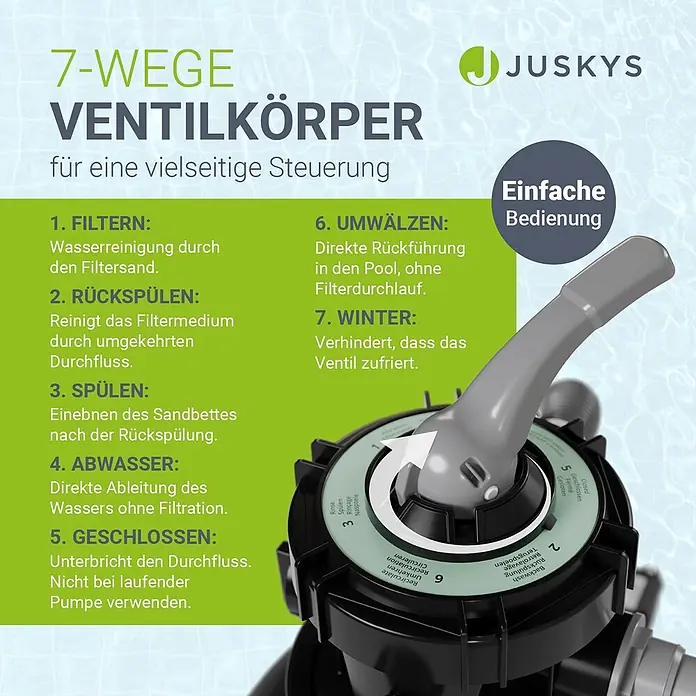 Juskys Sandfilteranlage Sandfilteranlage - Filterleistung: 4.500 l/h - Graues und schwarzes 7-Wege-Ventil für Poolfiltersysteme, das seine vielfältigen Steuerungsfunktionen zeigt.