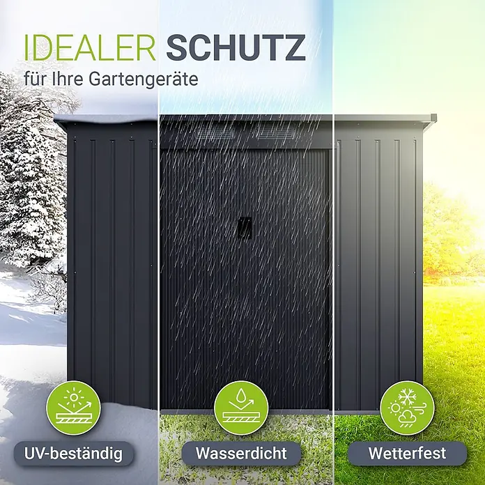 Juskys Gerätehaus Gerätehaus - Außenbreite inkl. Dachüberstand: 218 cm, Außentiefe inkl. Dachüberstand: 132 cm, Metall, Dunkelgrau - Dunkelgraues Gartenhaus, UV-, wasser- und wetterfest.