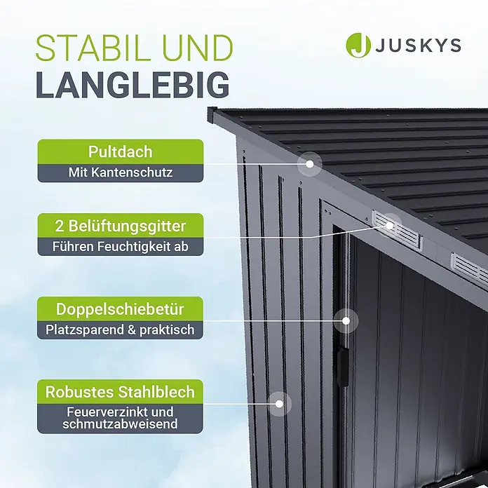 Juskys Gerätehaus Gerätehaus - Außenbreite inkl. Dachüberstand: 218 cm, Außentiefe inkl. Dachüberstand: 132 cm, Metall, Dunkelgrau - Dunkelgrauer Metallschuppen mit Pultdach, Belüftung und Doppelschiebetür.