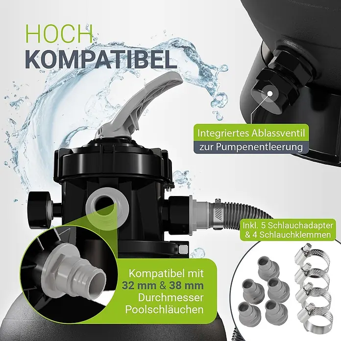 Juskys Sandfilteranlage Sandfilteranlage - Filterleistung: 4.500 l/h - Schwarz-grauer Sandfilterpumpenkomponente mit Ablassventil, kompatibel mit 32mm & 38mm Schläuchen, gezeigt mit 5 Adaptern und 4 Klemmen.