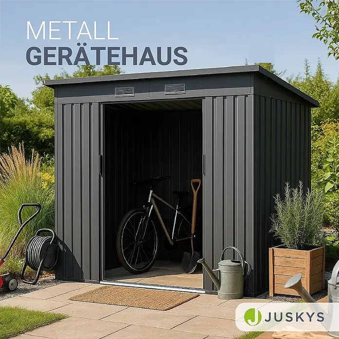 Juskys Gerätehaus Gerätehaus - Außenbreite inkl. Dachüberstand: 218 cm, Außentiefe inkl. Dachüberstand: 132 cm, Metall, Dunkelgrau - Dunkelgraues Metallgerätehaus mit Schiebetüren im Garten, ideal zur Aufbewahrung von Fahrrädern und Gartengeräten.