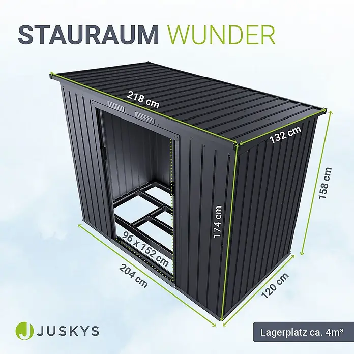 Juskys Gerätehaus Gerätehaus - Außenbreite inkl. Dachüberstand: 218 cm, Außentiefe inkl. Dachüberstand: 132 cm, Metall, Dunkelgrau - Schwarzes Metall-Gerätehaus mit geöffneter Tür, zeigt Innenstruktur und Maße. Bietet ca. 4m³ Stauraum.