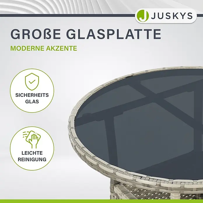 Juskys Gartentisch rund Yoro - Ø x H: 60 x 73 cm, Polyrattan, Grau - Runder Gartentisch mit dunkelgrauer Sicherheitsglasplatte und hellgrauem Geflechtgestell, leicht zu reinigen.