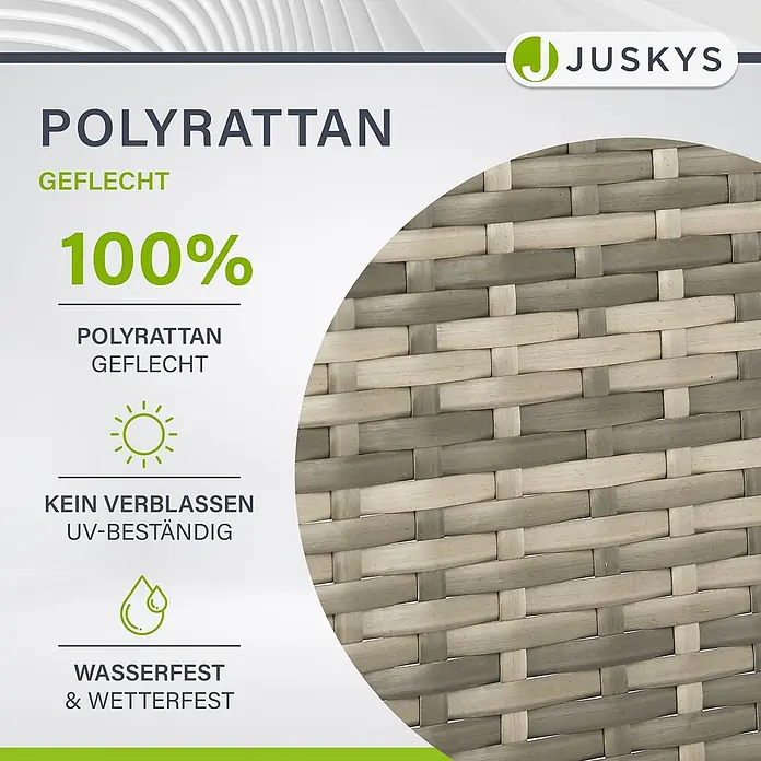 Juskys Gartentisch rund Yoro - Ø x H: 60 x 73 cm, Polyrattan, Grau - Nahaufnahme von zweifarbigem Polyrattan-Geflecht in Grau und Beige, 100% UV- und wetterbeständig.