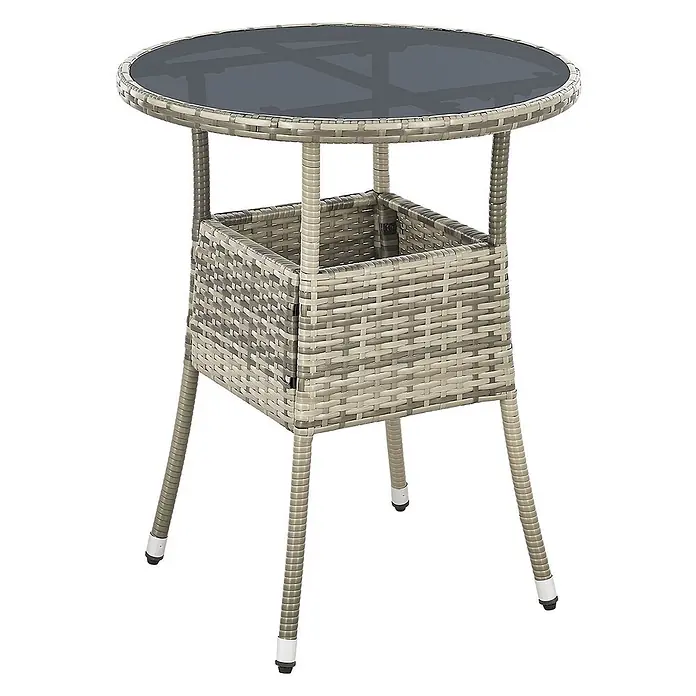 Juskys Gartentisch rund Yoro - Ø x H: 60 x 73 cm, Polyrattan, Grau - Grauer runder Gartentisch mit Glasplatte und integriertem Rattan-Ablagekorb.