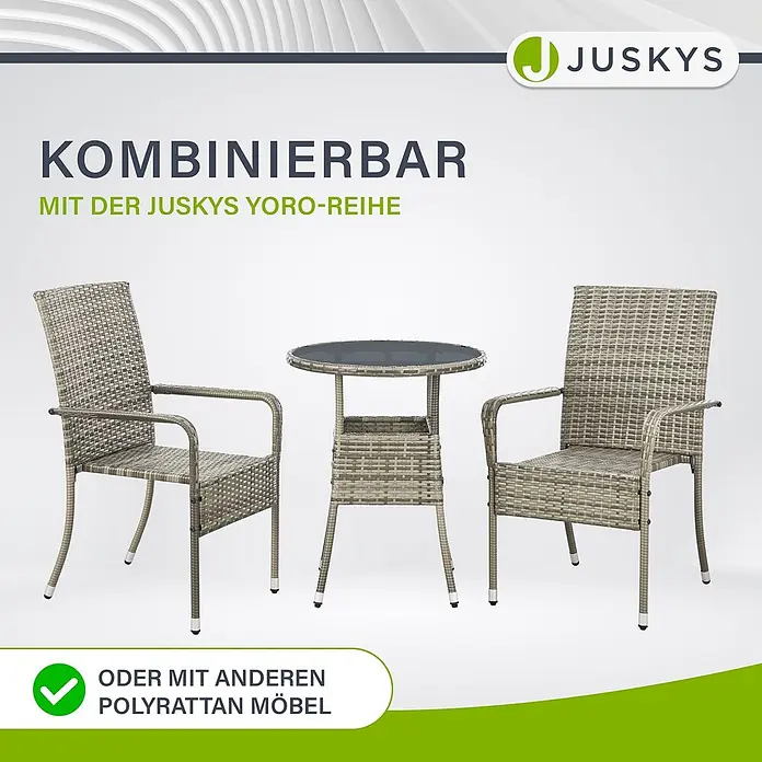 Juskys Gartentisch rund Yoro - Ø x H: 60 x 73 cm, Polyrattan, Grau - Hellgraues Polyrattan-Balkonmöbelset: zwei Stühle und ein Tisch mit Glasplatte, kombinierbar.