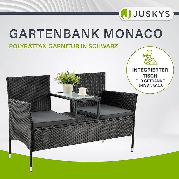 Juskys Loungesofa Monaco - B x T x H: 133 x 63 x 84 cm, Geflecht: Polyrattan; Gestell: Stahl; Tischplatte: Glas; Polster: Schaumstoff; Bezüge: Polyester, Schwarz - Schwarze Polyrattan Gartenbank mit zwei Sitzen und integriertem Tisch für Getränke und Snacks.