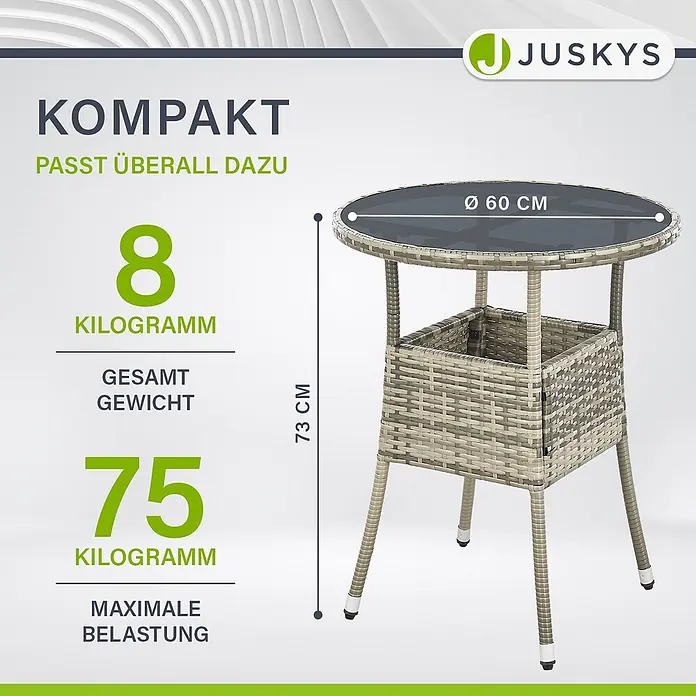 Juskys Gartentisch rund Yoro - Ø x H: 60 x 73 cm, Polyrattan, Grau - Kompakter grauer Rattan-Gartentisch mit Glasplatte und integriertem Ablagefach.