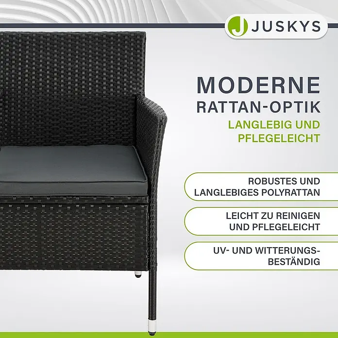 Juskys Loungesofa Monaco - B x T x H: 133 x 63 x 84 cm, Geflecht: Polyrattan; Gestell: Stahl; Tischplatte: Glas; Polster: Schaumstoff; Bezüge: Polyester, Schwarz - Moderner dunkelgrauer Polyrattansessel mit Kissen, langlebig und witterungsbeständig.