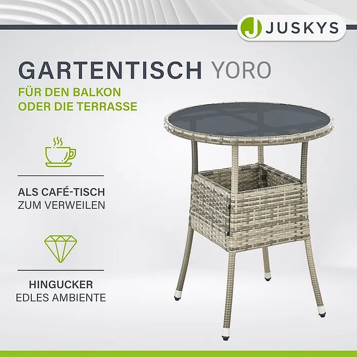 Juskys Gartentisch rund Yoro - Ø x H: 60 x 73 cm, Polyrattan, Grau - Grauer Rattan-Gartentisch "Yoro" mit runder Glasplatte und integriertem Korb. Ideal für Balkon oder Terrasse.