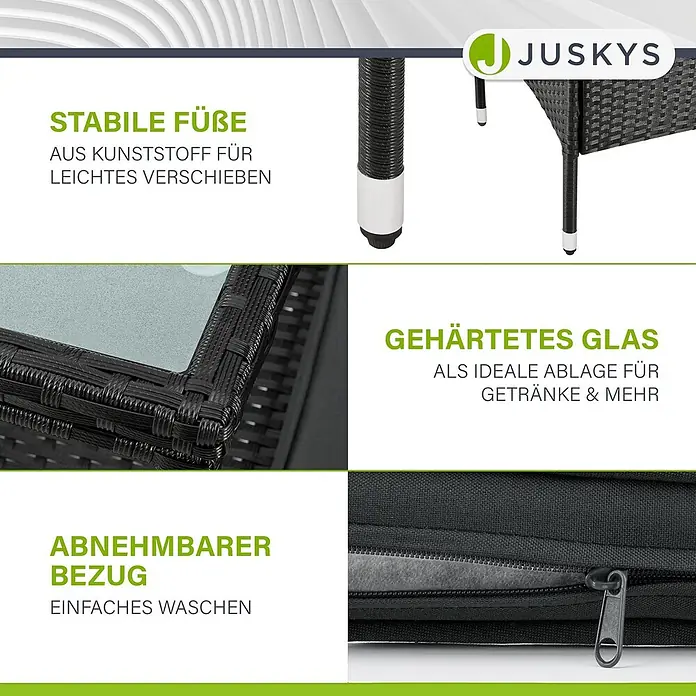 Juskys Loungesofa Monaco - B x T x H: 133 x 63 x 84 cm, Geflecht: Polyrattan; Gestell: Stahl; Tischplatte: Glas; Polster: Schaumstoff; Bezüge: Polyester, Schwarz - Schwarze Rattan-Gartenmöbel mit stabilen Kunststofffüßen, gehärteter Glasplatte und abnehmbarem Kissenbezug mit Reißverschluss. JUSKYS Marke.