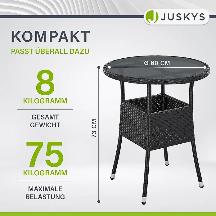 Juskys Gartentisch rund Yoro - Ø x H: 60 x 73 cm, Polyrattan, Schwarz - Schwarz geflochtener Bistrotisch mit runder Glasplatte, 60 cm Durchmesser, 73 cm hoch, 8 kg Gewicht, 75 kg maximale Belastung.