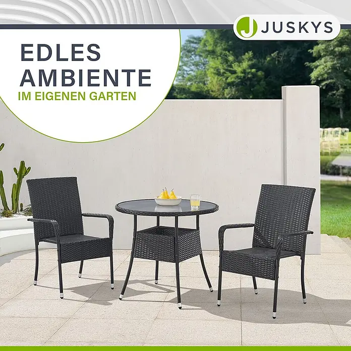 Juskys Gartentisch rund Yoro - Ø x H: 60 x 73 cm, Polyrattan, Schwarz - Dunkelgraues Rattan-ähnliches Terrassen-Ess-Set mit rundem Glastisch und zwei Stühlen auf einer Terrasse.