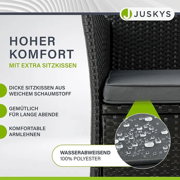Juskys Loungesofa Monaco - B x T x H: 133 x 63 x 84 cm, Geflecht: Polyrattan; Gestell: Stahl; Tischplatte: Glas; Polster: Schaumstoff; Bezüge: Polyester, Schwarz - Schwarzer Polyrattan Gartenstuhl mit dicken, wasserabweisenden grauen Kissen.