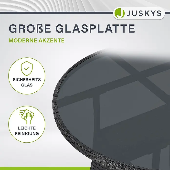 Juskys Gartentisch rund Yoro - Ø x H: 60 x 73 cm, Polyrattan, Schwarz - Runder Gartentisch mit dunkler Glasplatte und dunklem Geflechtgestell.