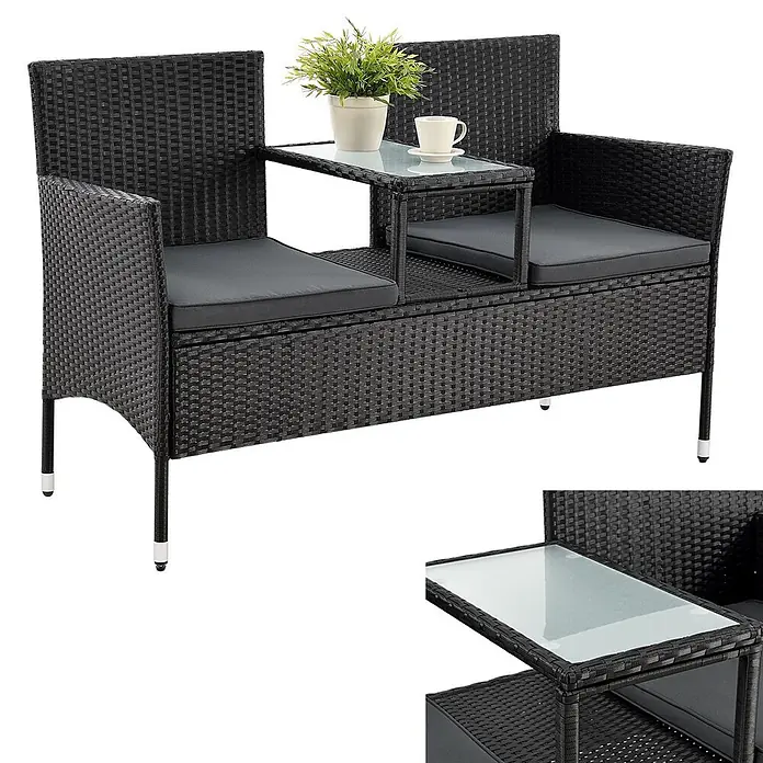 Juskys Loungesofa Monaco - B x T x H: 133 x 63 x 84 cm, Geflecht: Polyrattan; Gestell: Stahl; Tischplatte: Glas; Polster: Schaumstoff; Bezüge: Polyester, Schwarz - Schwarzes Rattan-Gartensitzer mit grauen Kissen und integriertem Glastisch, ideal für Entspannung im Freien.