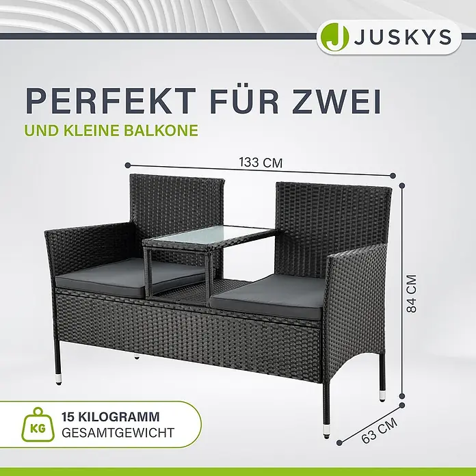 Juskys Loungesofa Monaco - B x T x H: 133 x 63 x 84 cm, Geflecht: Polyrattan; Gestell: Stahl; Tischplatte: Glas; Polster: Schaumstoff; Bezüge: Polyester, Schwarz - Schwarzes Rattan-Sofa für zwei mit integriertem Tisch und grauen Polstern (133x63x84 cm, 15 kg), perfekt für kleine Balkone.
