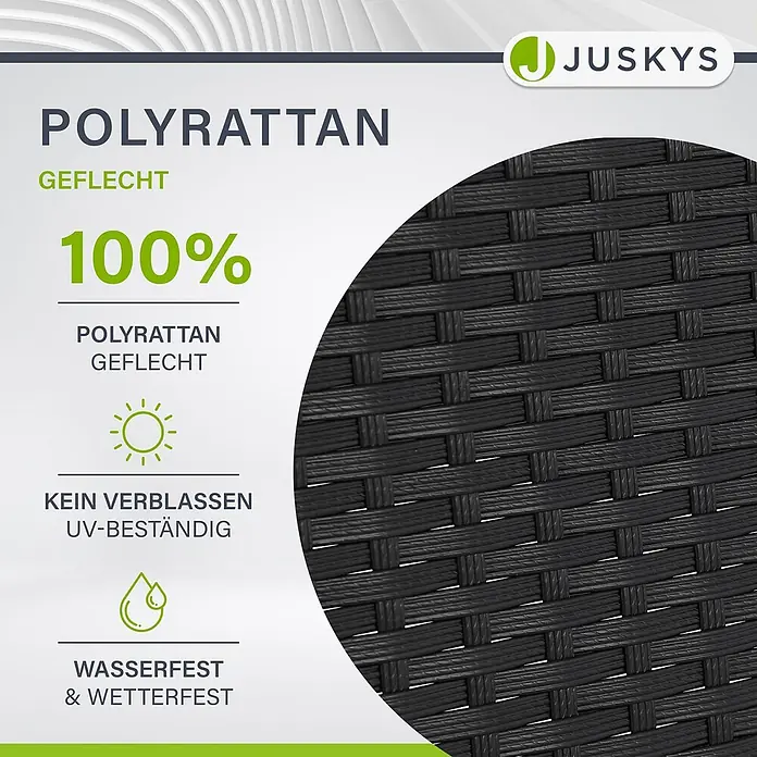 Juskys Gartentisch rund Yoro - Ø x H: 60 x 73 cm, Polyrattan, Schwarz - Nahaufnahme von schwarzem Polyrattan-Geflecht, das 100% Zusammensetzung, UV-Beständigkeit, Wasser- und Wetterfestigkeit hervorhebt.