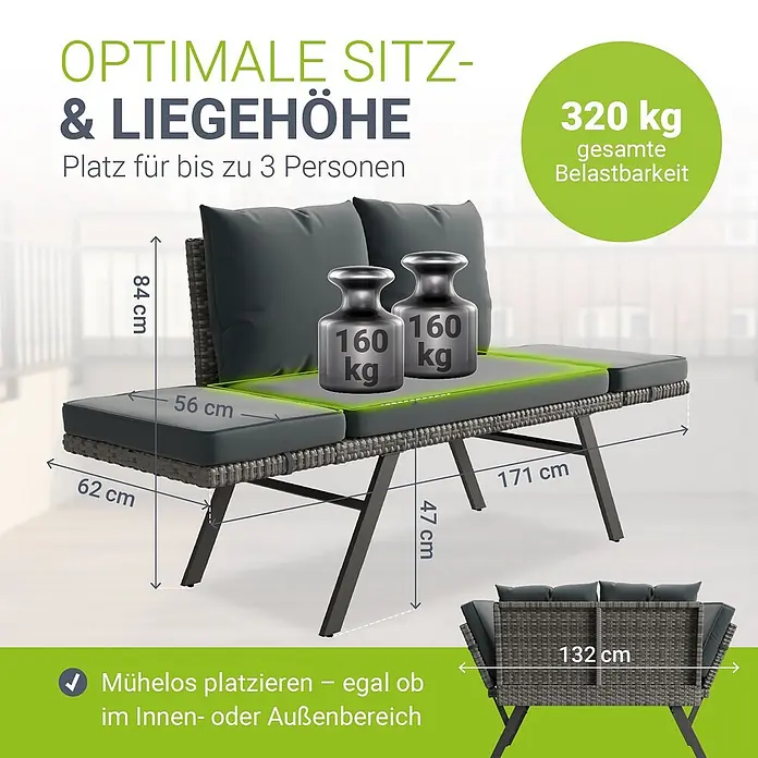 Juskys Loungesofa Calvia - B x T x H: 171 x 62 x 83,5 cm, Polyester, grau, Klappbar - Graues Rattan-Outdoor-Sofa mit dunkelgrauen Kissen, zeigt Abmessungen (171 cm Breite, 84 cm Höhe) und 320 kg Tragkraft für bis zu 3 Personen.