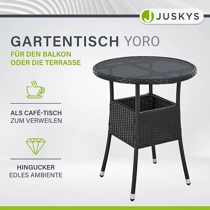 Juskys Gartentisch rund Yoro - Ø x H: 60 x 73 cm, Polyrattan, Schwarz - Schwarzer Gartentisch Yoro in Rattan-Optik mit runder Glasplatte und integriertem Ablagefach, für Balkon oder Terrasse.