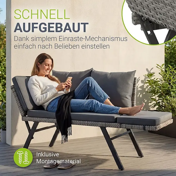 Juskys Loungesofa Calvia - B x T x H: 171 x 62 x 83,5 cm, Polyester, grau, Klappbar - Frau entspannt auf verstellbarer grauer Gartenliege mit dunklen Polstern; schneller Aufbau dank Einrast-Mechanismus.