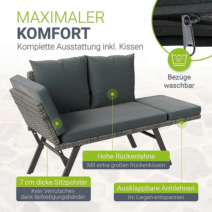 Juskys Loungesofa Calvia - B x T x H: 171 x 62 x 83,5 cm, Polyester, grau, Klappbar - Graues Rattan-Gartensofa mit dunklen Polstern, dicken, rutschfesten Sitzauflagen, hoher Rückenlehne und ausklappbaren Armlehnen.