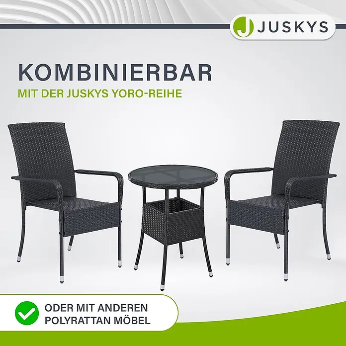 Juskys Gartentisch rund Yoro - Ø x H: 60 x 73 cm, Polyrattan, Schwarz - Dunkelgraues Polyrattan-Gartenset: zwei Stühle und ein Tisch, kombinierbar mit weiteren Möbeln.