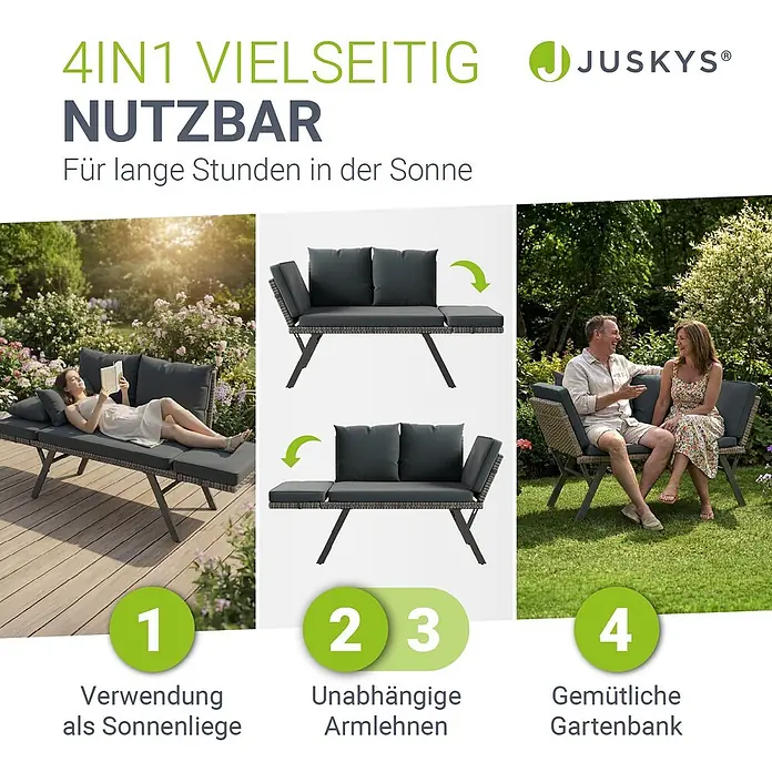 Juskys Loungesofa Calvia - B x T x H: 171 x 62 x 83,5 cm, Polyester, grau, Klappbar - Vielseitiges dunkelgraues Rattan-Gartensofa/Tagesbett, als Sonnenliege und Gartenbank mit verstellbaren Armlehnen gezeigt.