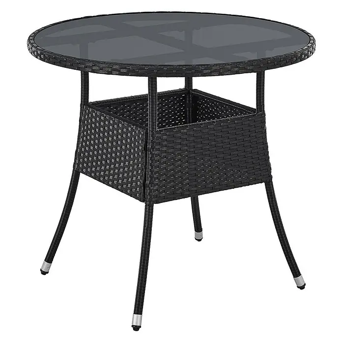 Juskys Gartentisch rund Yoro - Ø x H: 80 x 73 cm, Polyrattan, Schwarz - Runder, dunkler Rattan-Terrassentisch mit Glasplatte und integriertem quadratischem Ablagekorb. Metallbeine mit silbernen Spitzen.
