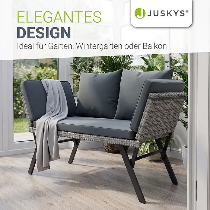 Juskys Loungesofa Calvia - B x T x H: 171 x 62 x 83,5 cm, Polyester, grau, Klappbar - Elegante graue Polyrattan Gartenbank mit dunklen Kissen und Decke, ideal für Garten oder Balkon.