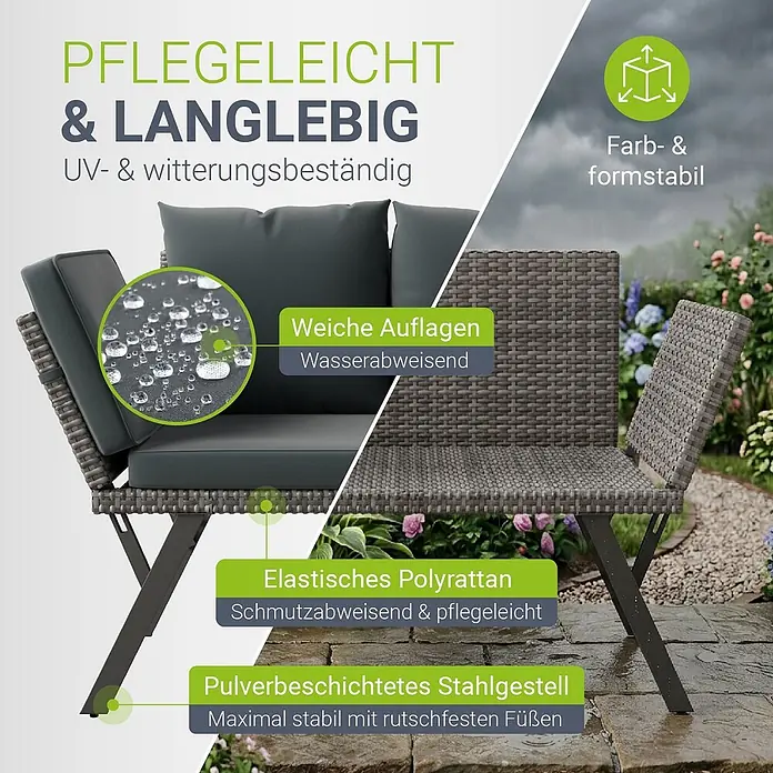 Juskys Loungesofa Calvia - B x T x H: 171 x 62 x 83,5 cm, Polyester, grau, Klappbar - Graue Polyrattan Gartenbank mit dunklen Kissen, pulverbeschichtetem Stahlgestell; pflegeleicht, UV- & wetterbeständig.