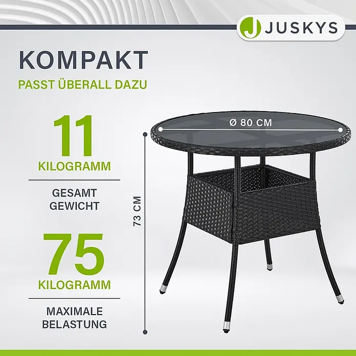 Juskys Gartentisch rund Yoro - Ø x H: 80 x 73 cm, Polyrattan, Schwarz - Runder schwarzer Rattantisch mit Glasplatte, Ø 80 cm, H 73 cm, 11 kg, max. 75 kg Belastung.