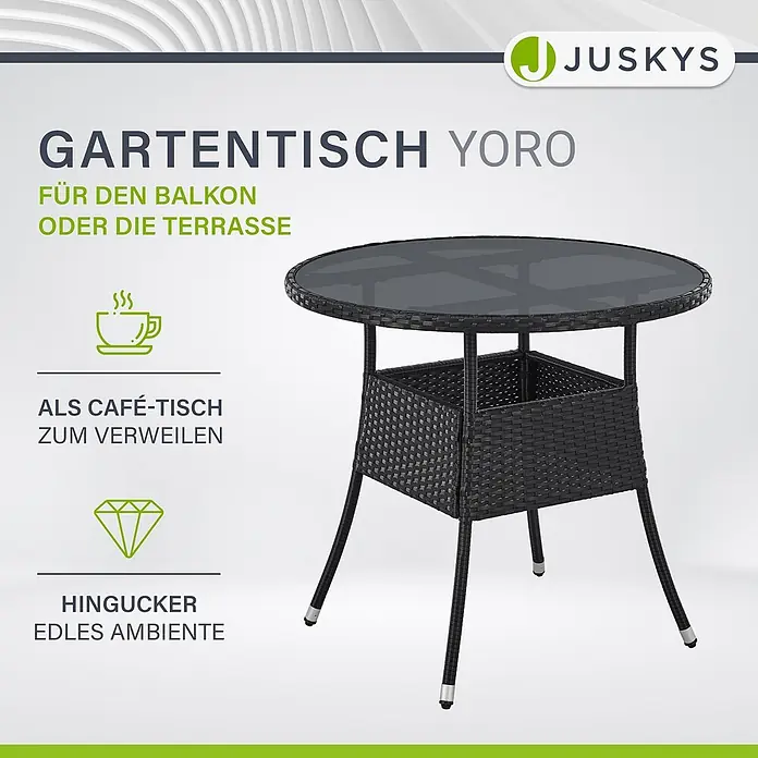 Juskys Gartentisch rund Yoro - Ø x H: 80 x 73 cm, Polyrattan, Schwarz - Runder Gartentisch aus schwarzem Rattan-Look mit Glasplatte, ideal für Balkon oder Terrasse.