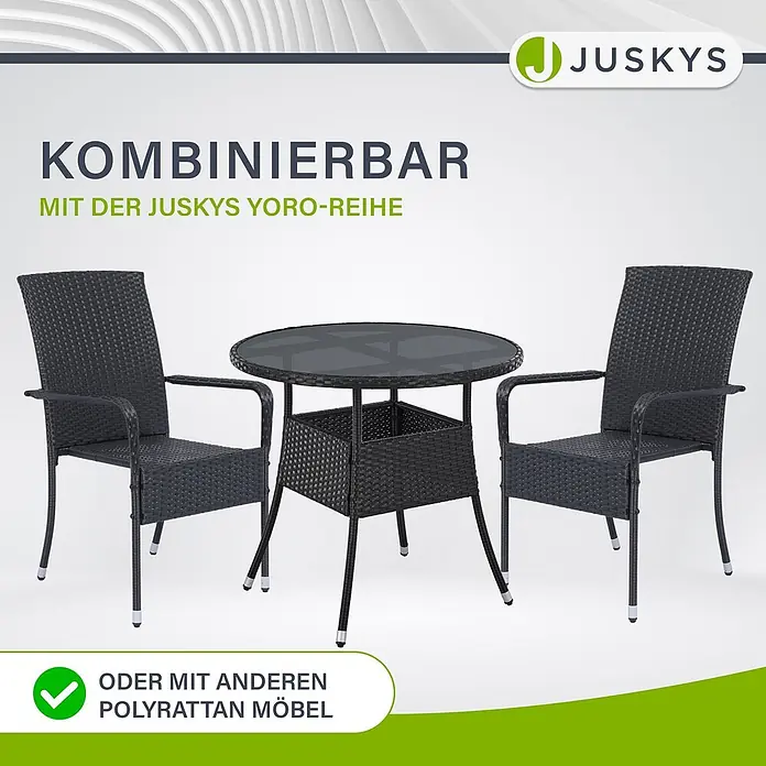 Juskys Gartentisch rund Yoro - Ø x H: 80 x 73 cm, Polyrattan, Schwarz - Dunkelgraues Polyrattan Bistro-Set mit zwei Stühlen und einem runden Glastisch.