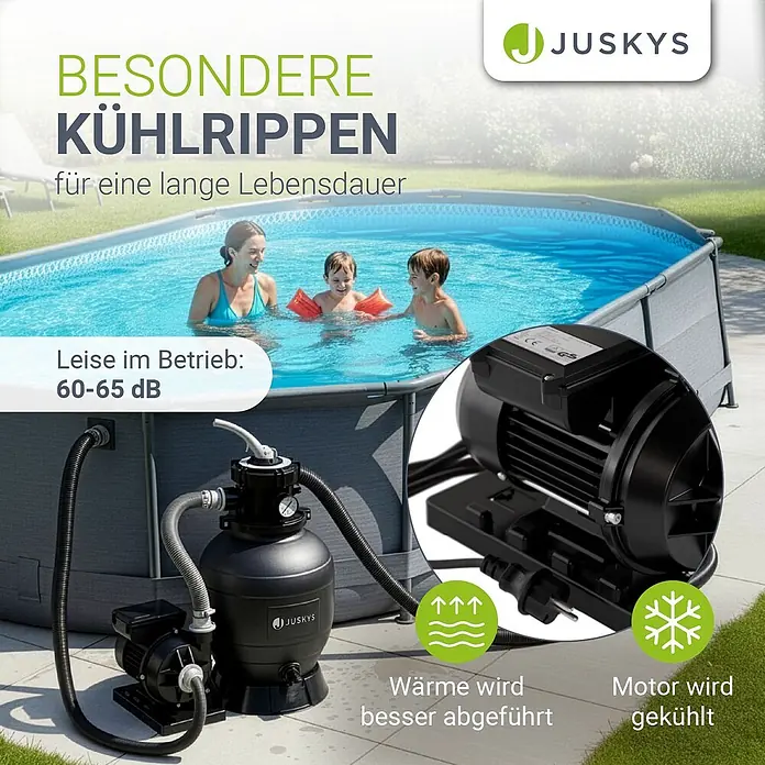Juskys Sandfilteranlage Sandfilteranlage - Filterleistung: 6.000 l/h - Ein schwarzes Juskys Sandfilter-System mit Pumpe und Filtertank steht neben einem Aufstellpool. Es verfügt über spezielle Kühlrippen für Langlebigkeit und leisen Betrieb.