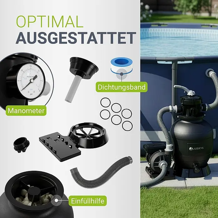 Juskys Sandfilteranlage Sandfilteranlage - Filterleistung: 6.000 l/h - Schwarze Pool-Sandfilterpumpe mit Schläuchen an einem Pool, umgeben von Zubehör wie Manometer und Dichtungsband.